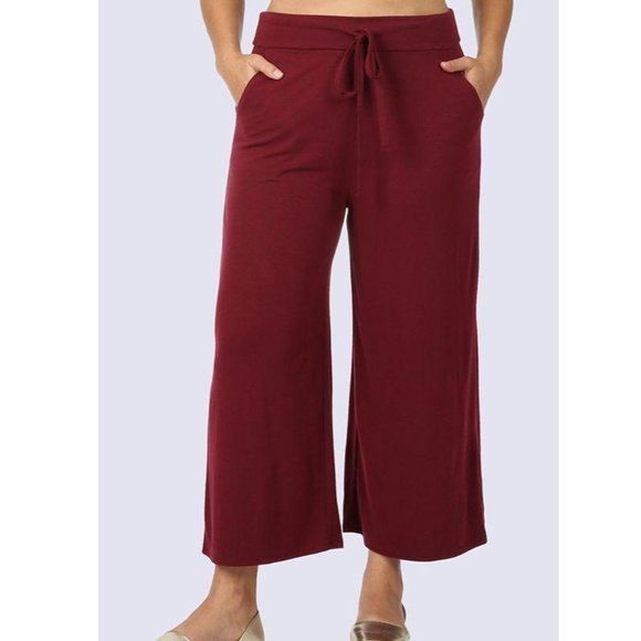 Plus Size Cropped Wide Leg Burgundy Pants - Picture 2 of 3